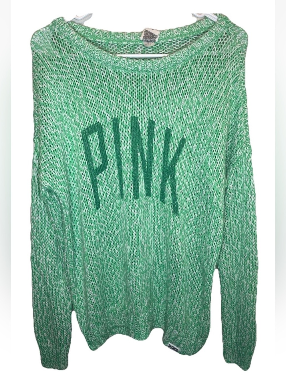 Victoria's Secret PINK Knitted Oversize Sweater Big Logo Green Size M EUC Y2K